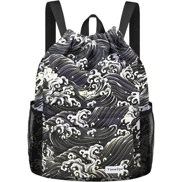 ✨ Time2go Sports Gym Sackpack Women Black Mesh Pockets Water-Resistant Backpack - Picture 1 of 7